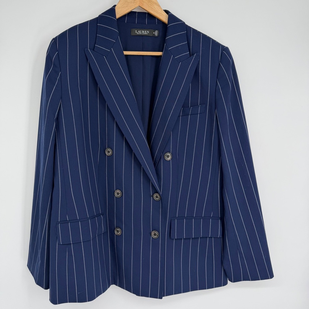 Lauren Ralph Lauren Navy Blue Pinstripe Double Breasted Wool Blend Blazer 16